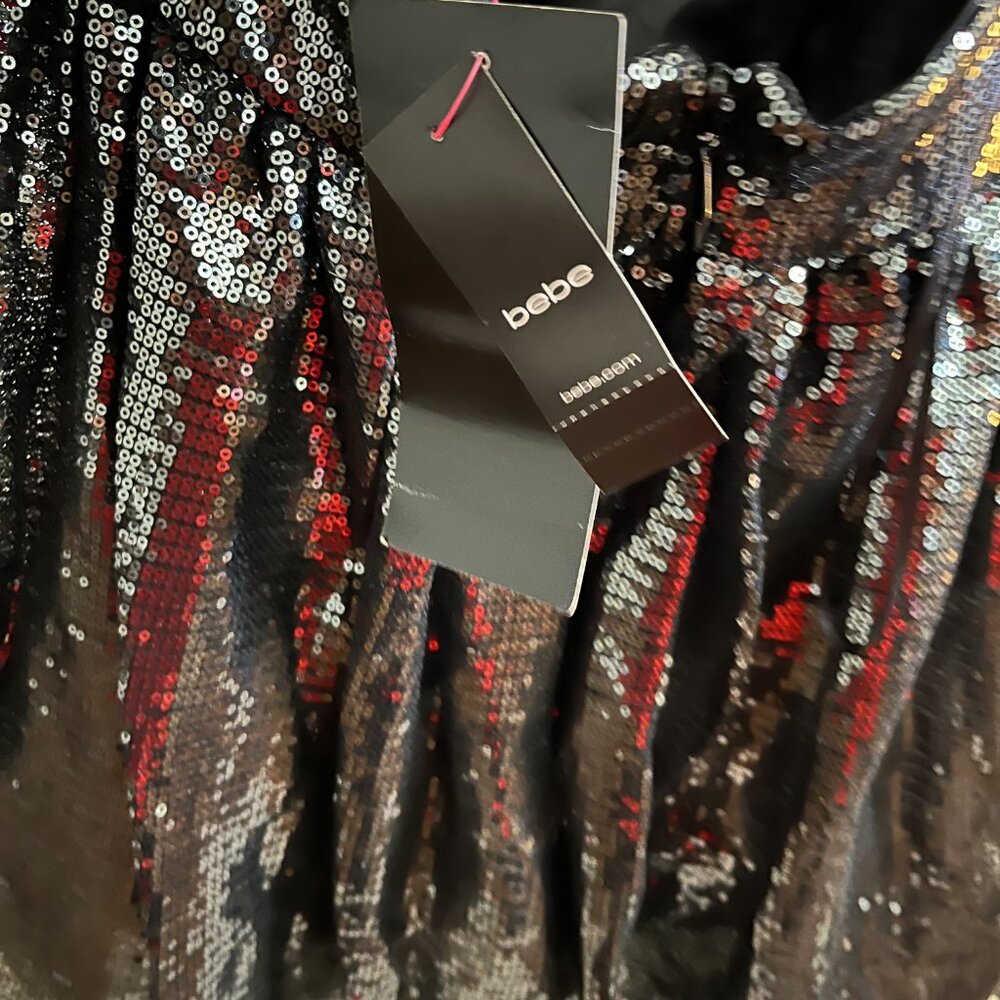 BNWT BEBE Gunmetal Sequined Halter Deep V-Neck Petticoat (S) - Picture 9 of 9